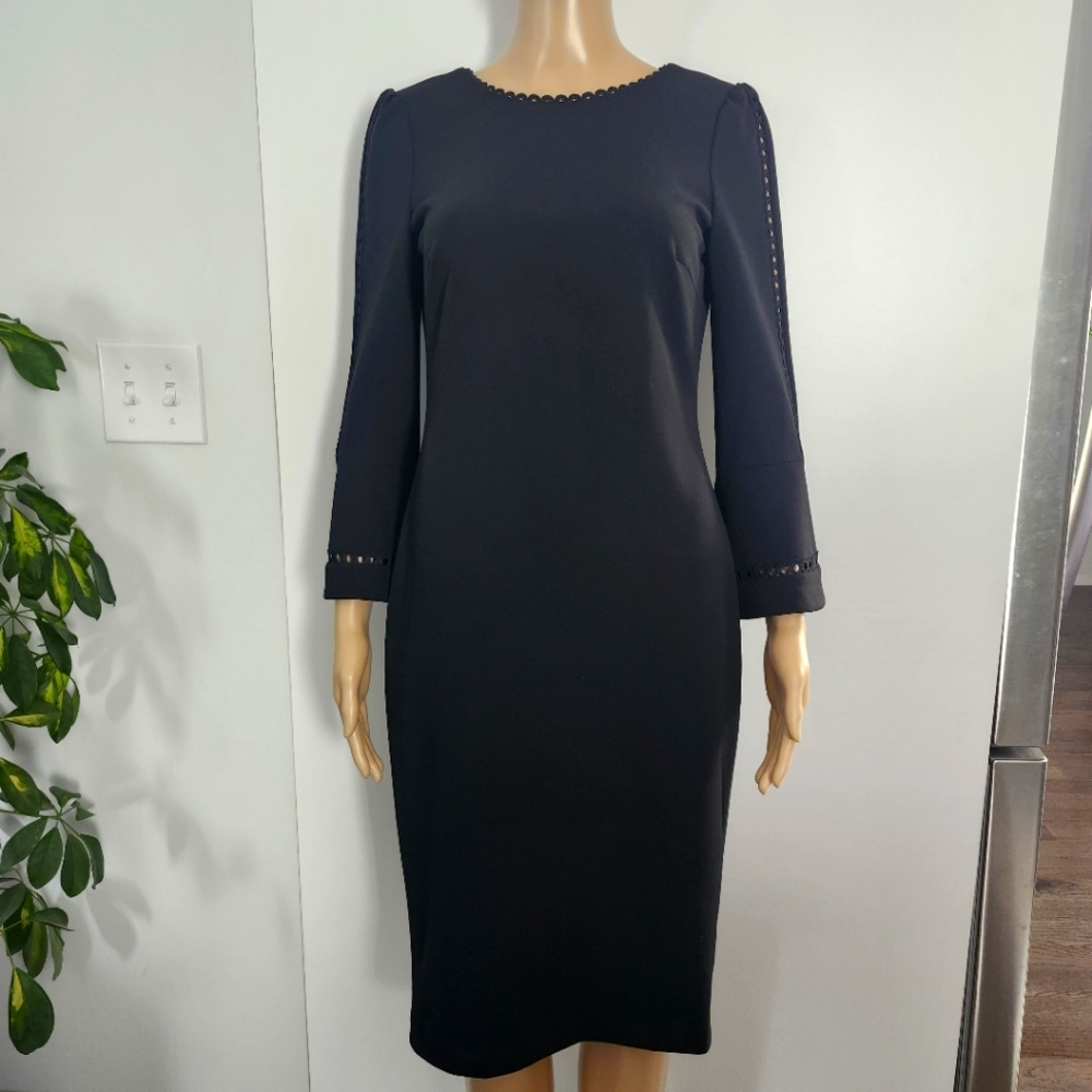 CALVIN KLEIN Long Sleeve Black Sheath Midi Dress Size 4 Bell Sleeve Career